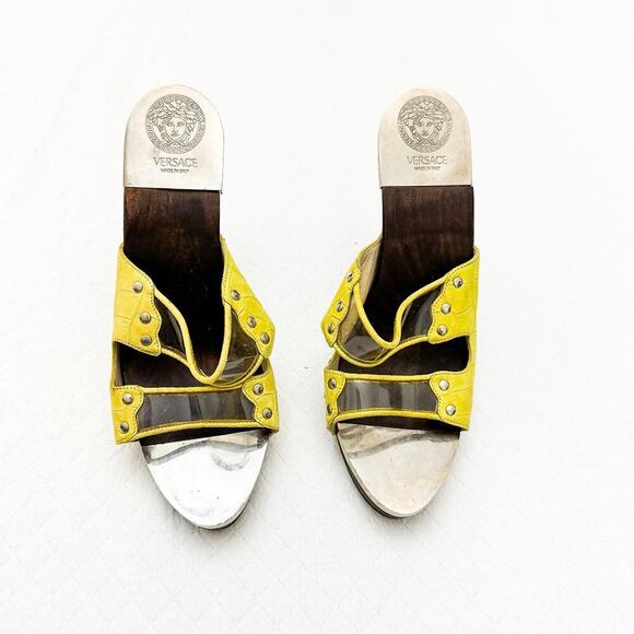 Versace Vintage Platform Mules Bright Yellow Wooden Heel Peep Toe Size 6 - Picture 1 of 5